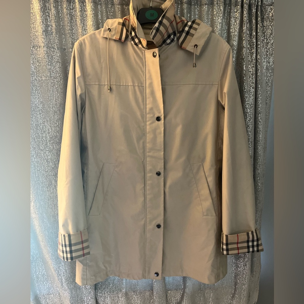 Burberry Beige Hooded Jacket with Plaid Accents